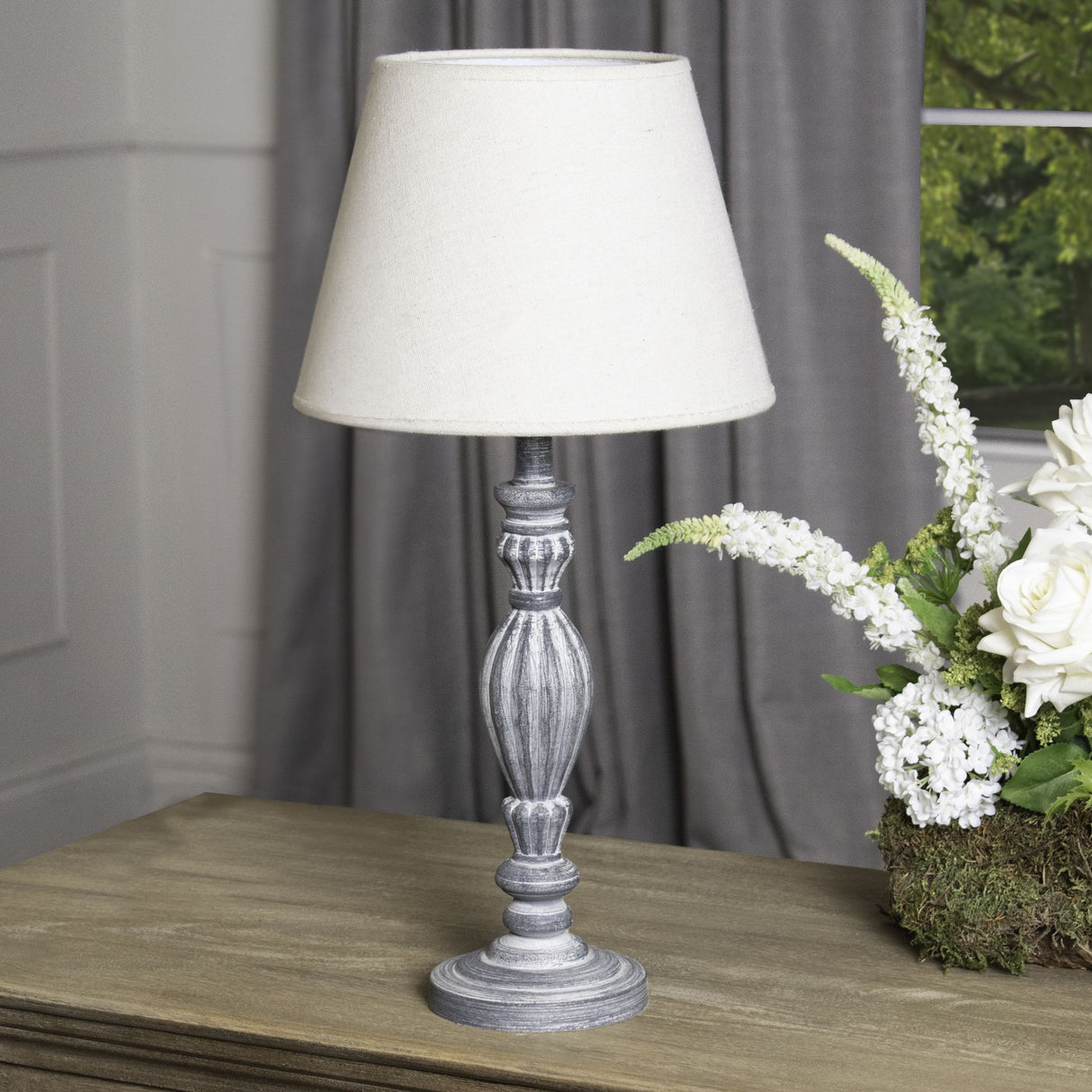 Beige Linen Shade Table Lamp With Neutral Grey Washed Wooden Base - Aegina