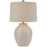 Beige Linen Shade Table Lamp With Textured Ceramic Base - Basketweave