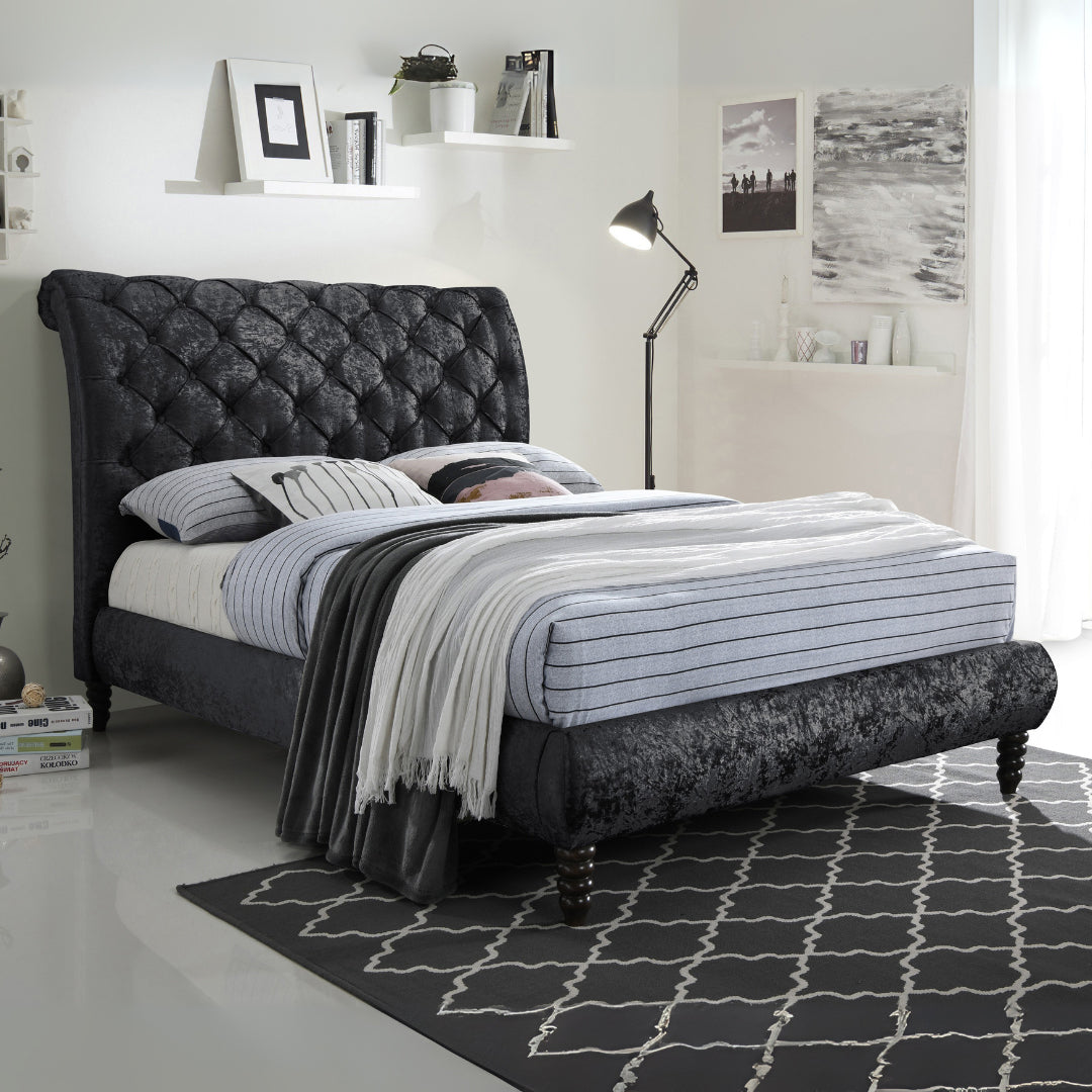 Fabric Double Bed With Wooden Corner Feets - Venice