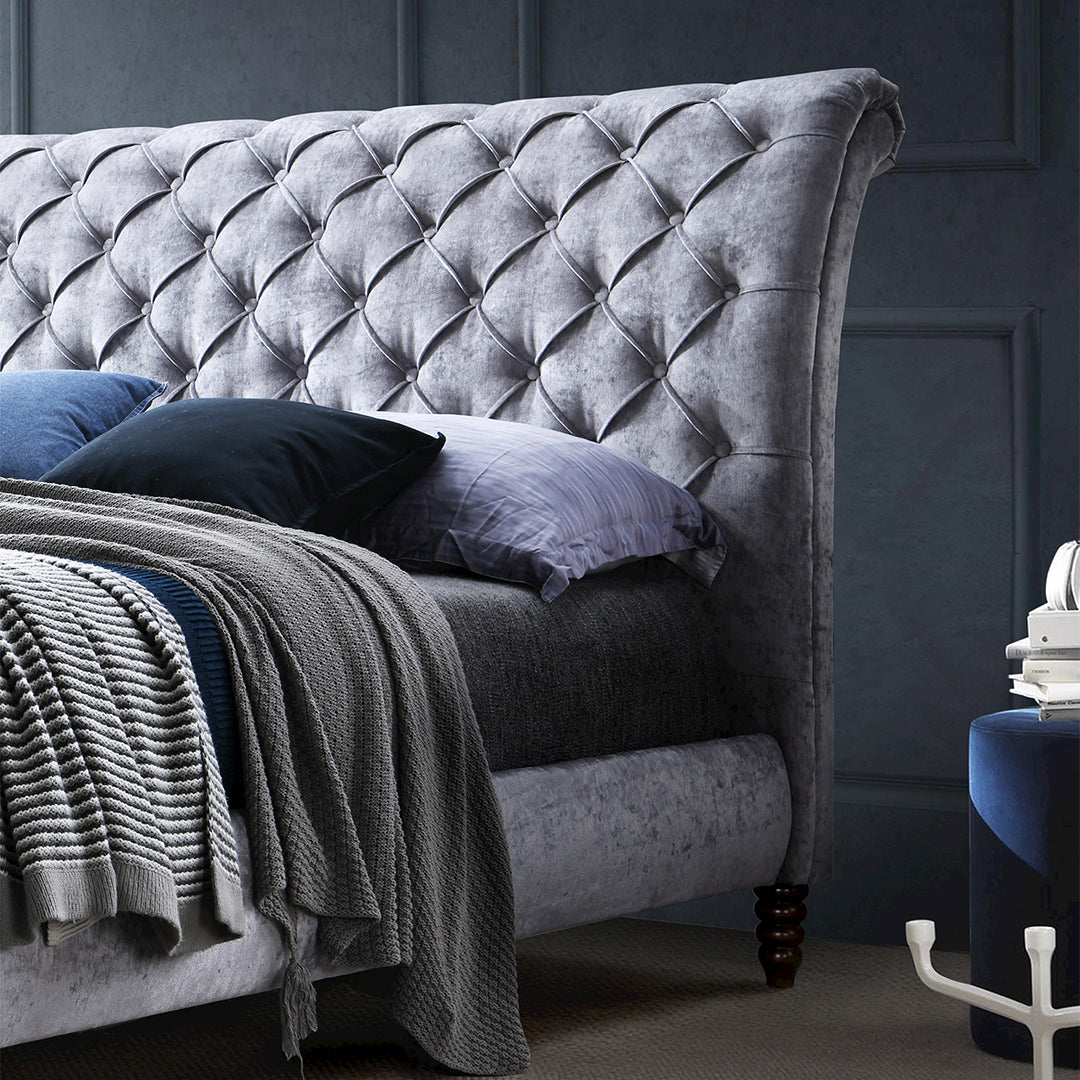 Fabric Double Bed With Wooden Corner Feets - Venice