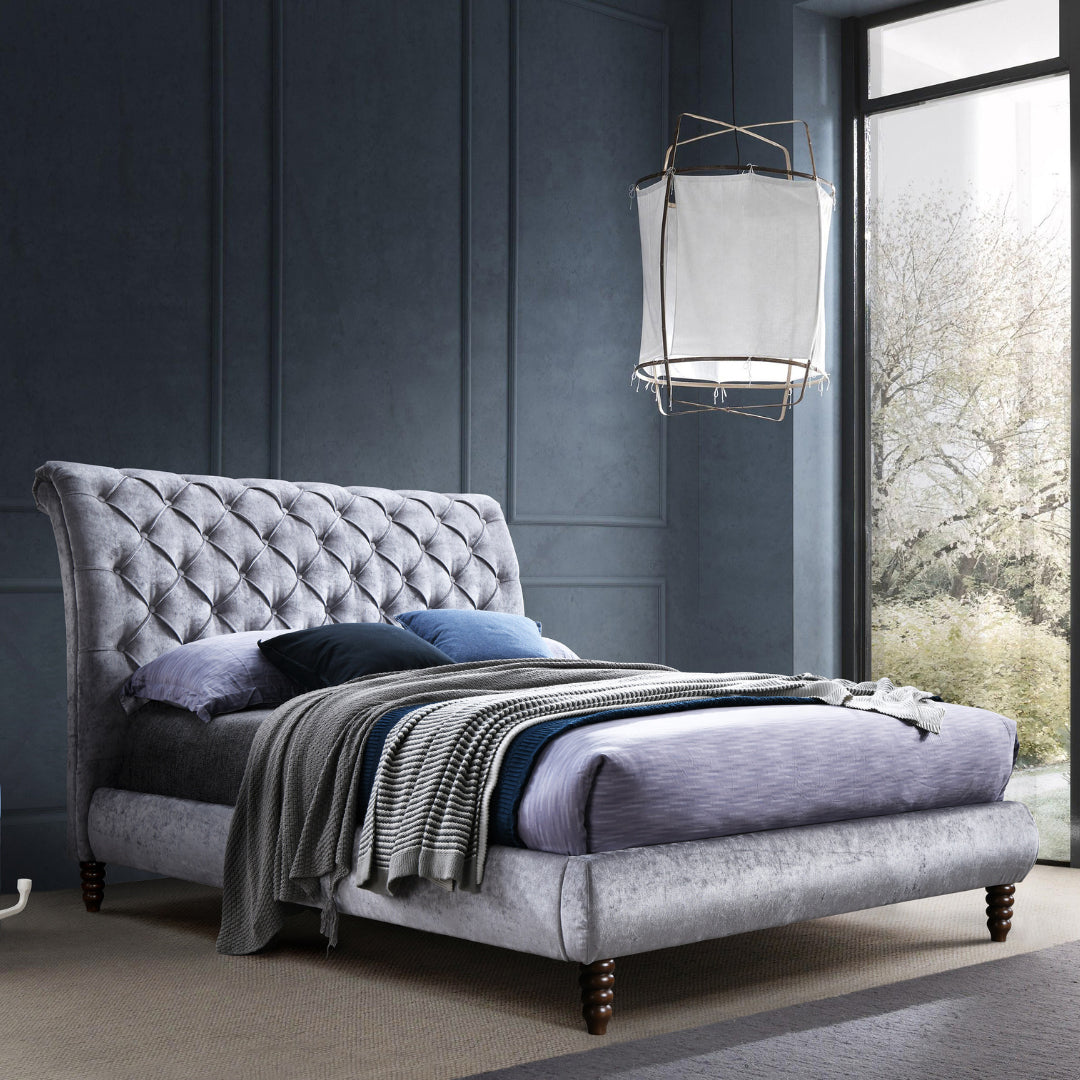 Fabric Double Bed With Wooden Corner Feets - Venice