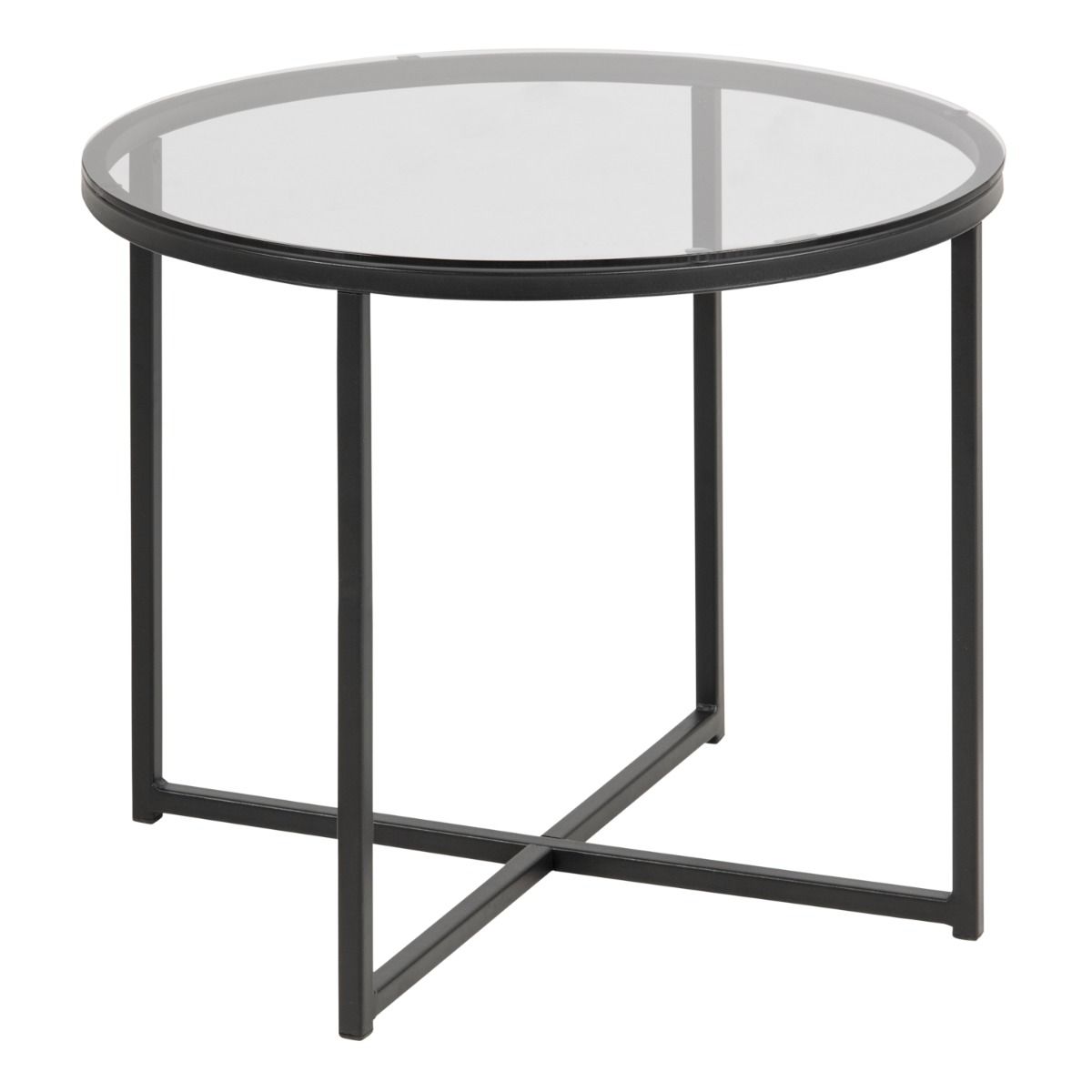 Glass Side Table Round With Black Metal X-Frame - Cross