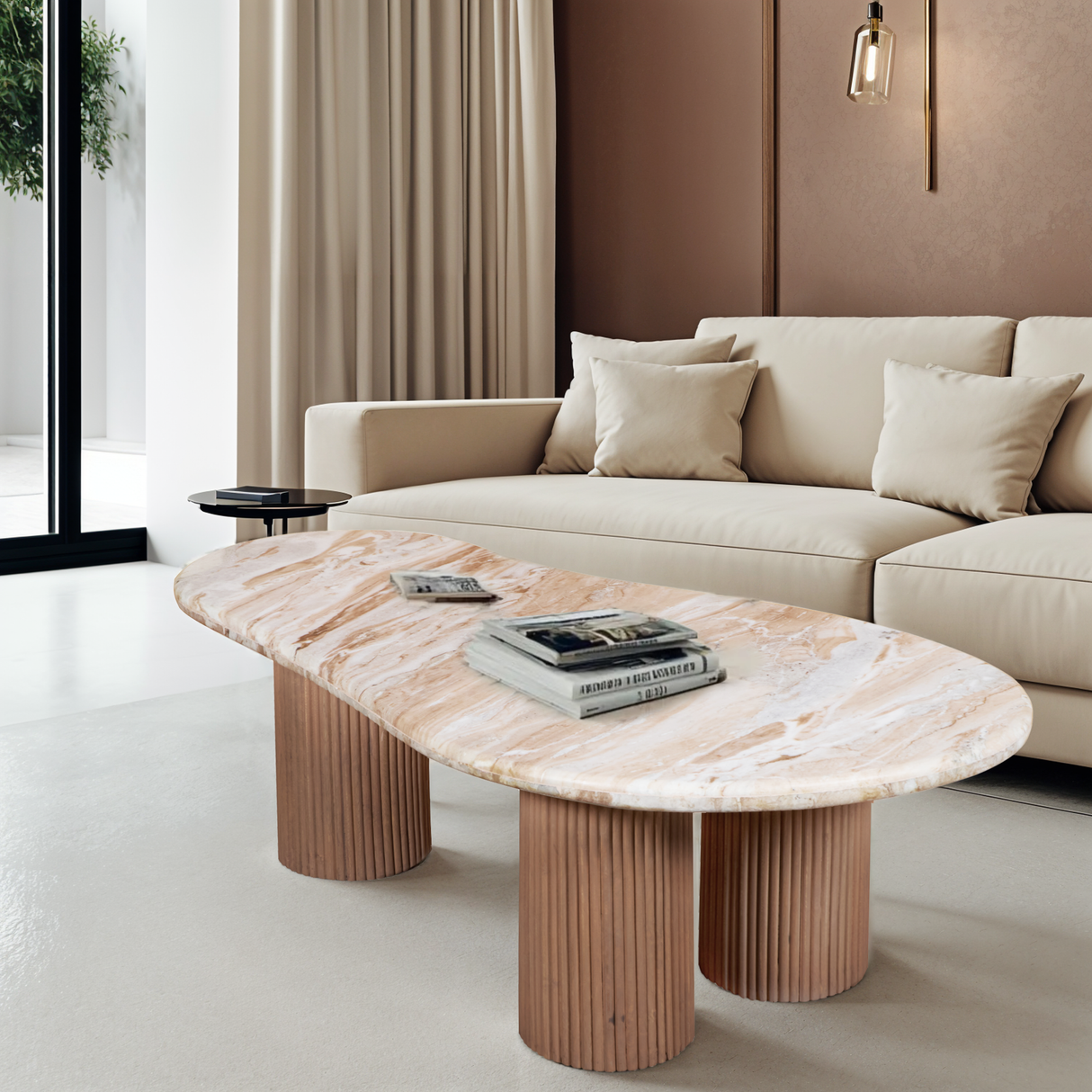 Marble Coffee Table Oval With Solid Mango Wood Pedestal - Ashford