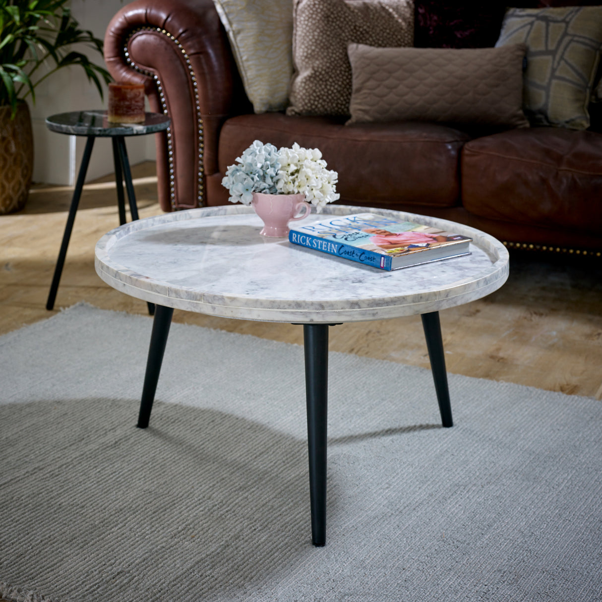 Marble Top Coffee Table Round With Black Metal Legs - Opal