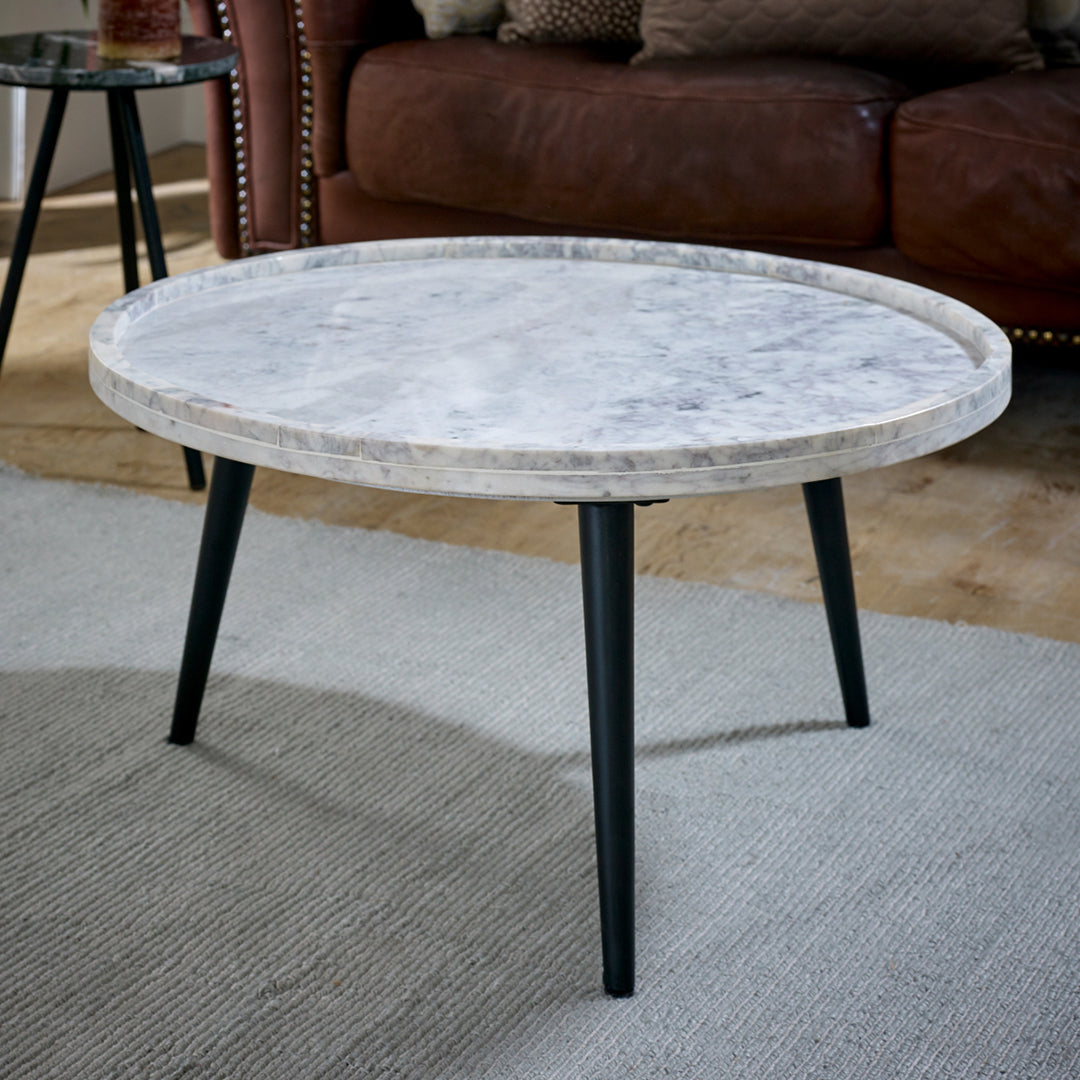 Marble Top Coffee Table Round With Black Metal Legs - Opal