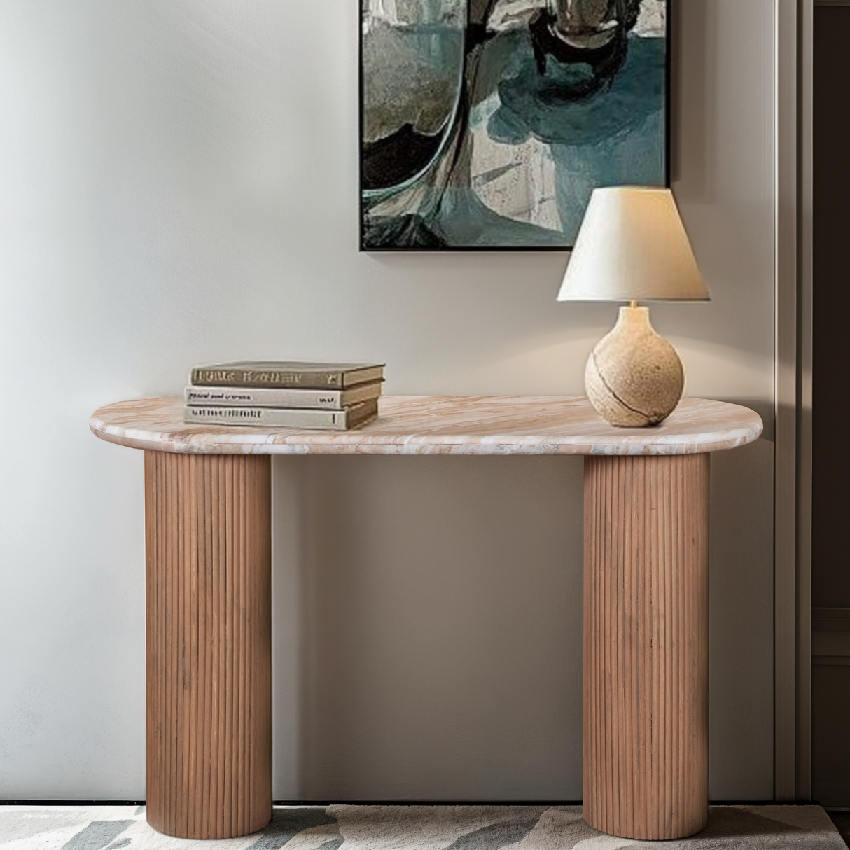 Marble Console Table Oval With Solid Mango Wood Pedestal - Ashford