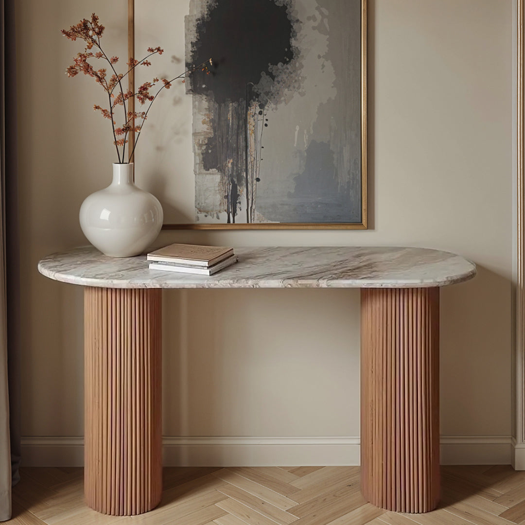 Marble Console Table Oval With Solid Mango Wood Pedestal - Ashford