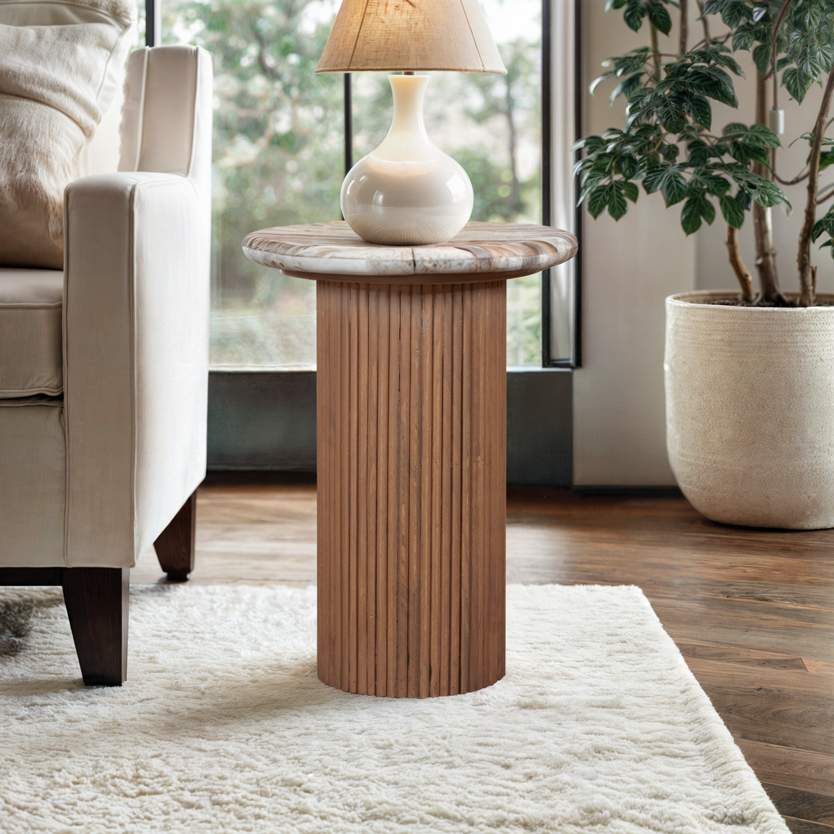 Marble Side Table Round With Solid Mango Wood Pedestal - Ashford