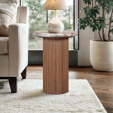 Marble Side Table Round With Solid Mango Wood Pedestal - Ashford