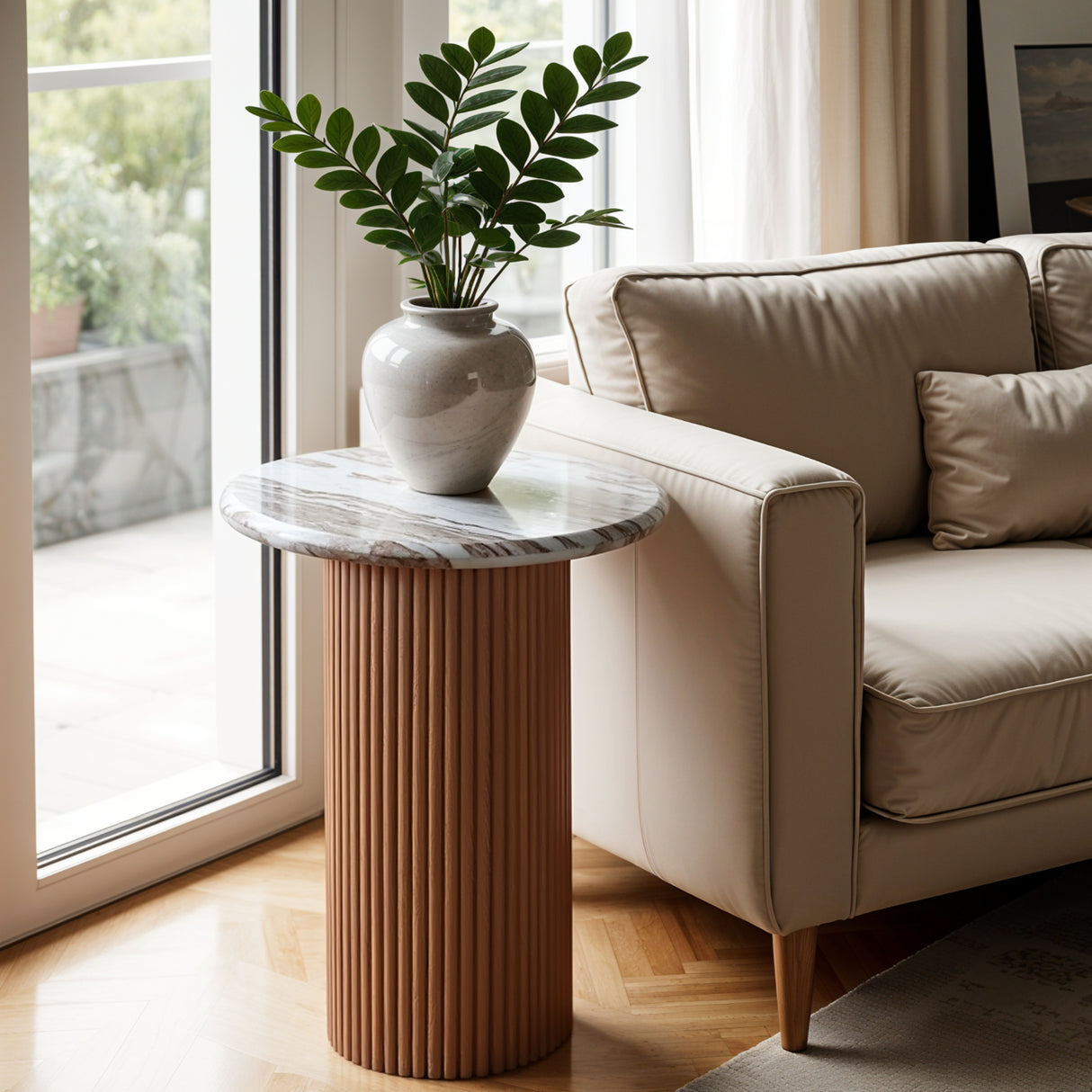 Marble Side Table Round With Solid Mango Wood Pedestal - Ashford