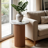 Marble Side Table Round With Solid Mango Wood Pedestal - Ashford