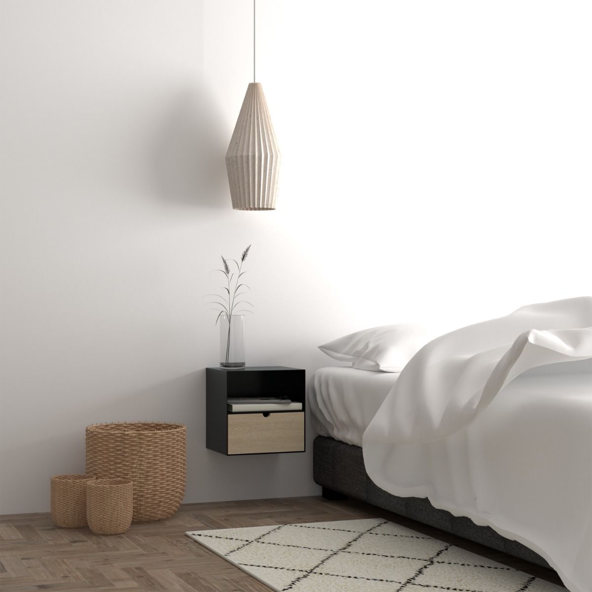 Metal Bedside Cabinet Wall Mounted With 1 Oak Drawer - Joliet