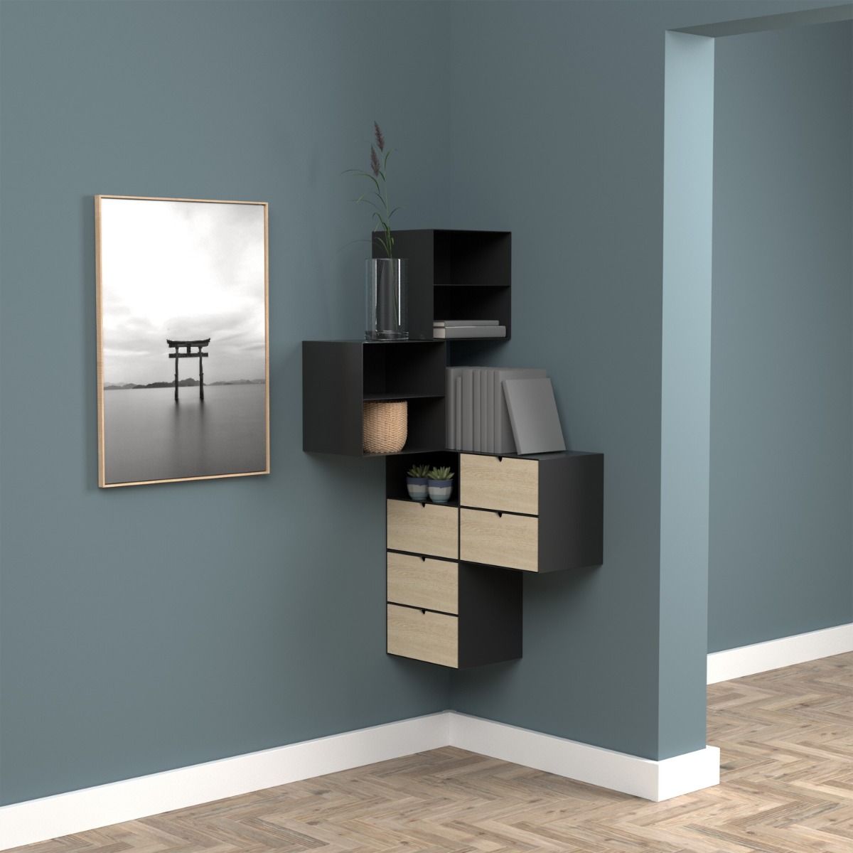 Metal Bedside Cabinet Wall Mounted With 1 Oak Drawer - Joliet