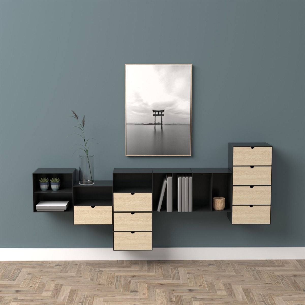 Metal Bedside Cabinet Wall Mounted With 1 Oak Drawer - Joliet