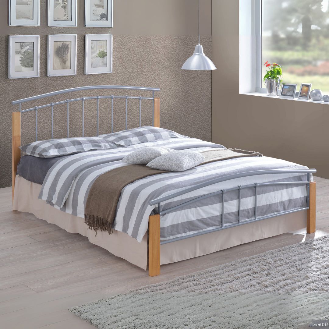 Metal Double Bed With Wooden Posts - Tetras