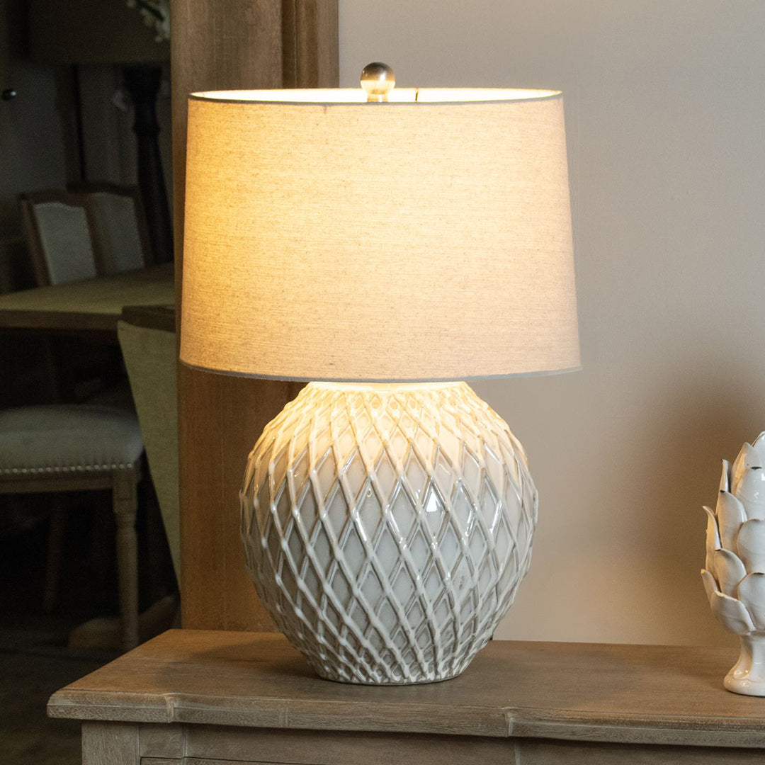 Neutral Cream Linen Shade Table Lamp With Ceramic Base - Lattice