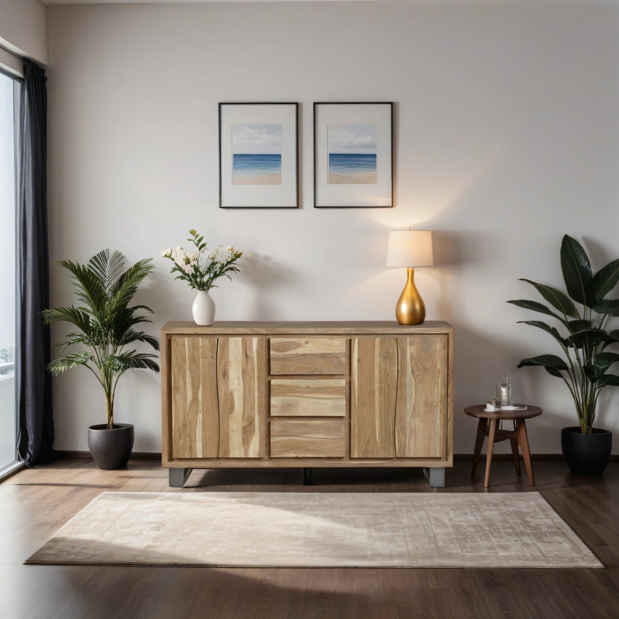 Solid Acacia Wood Sideboard With 4 Doors And 3 Drawers - Baltic Live Edge