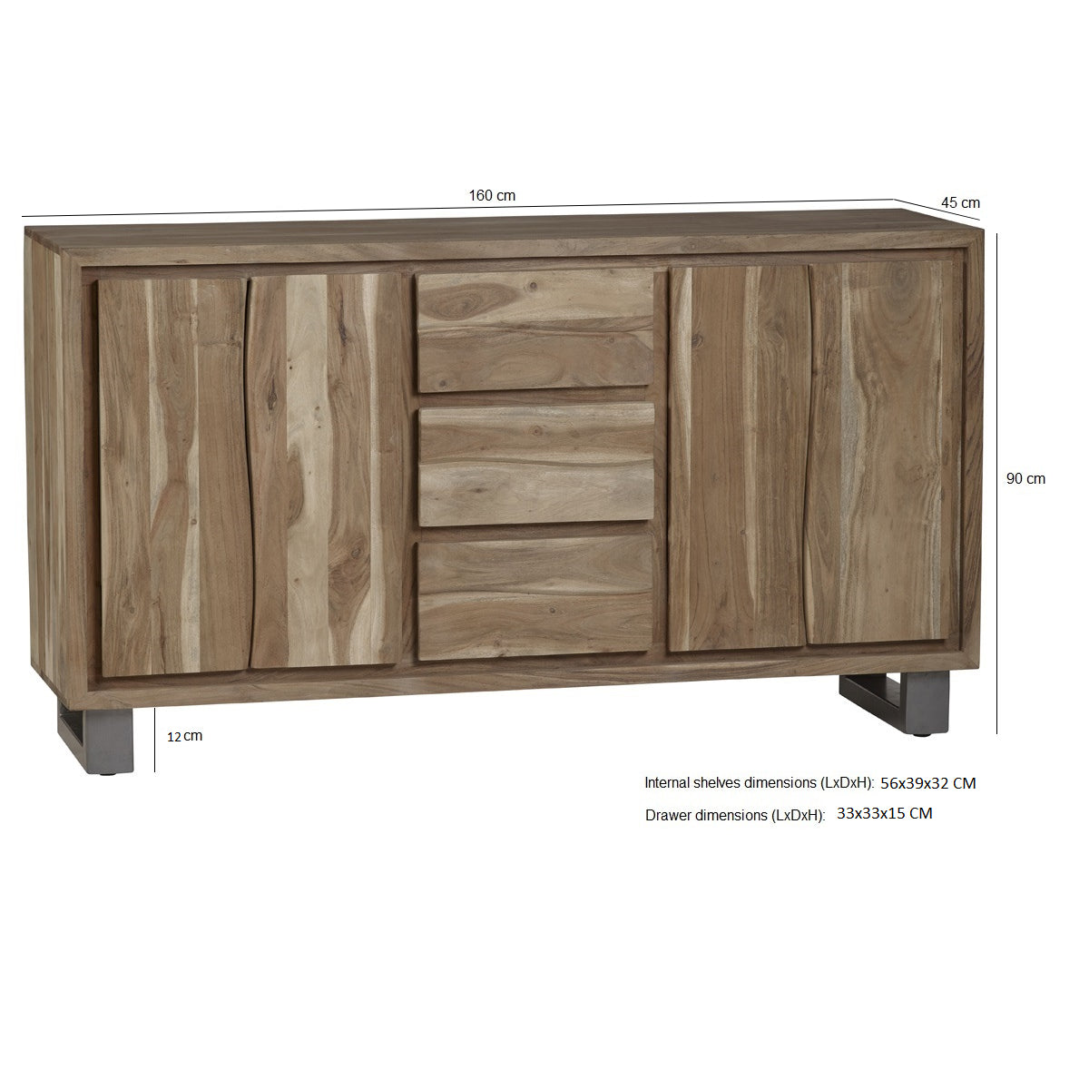 Solid Acacia Wood Sideboard With 4 Doors And 3 Drawers - Baltic Live Edge
