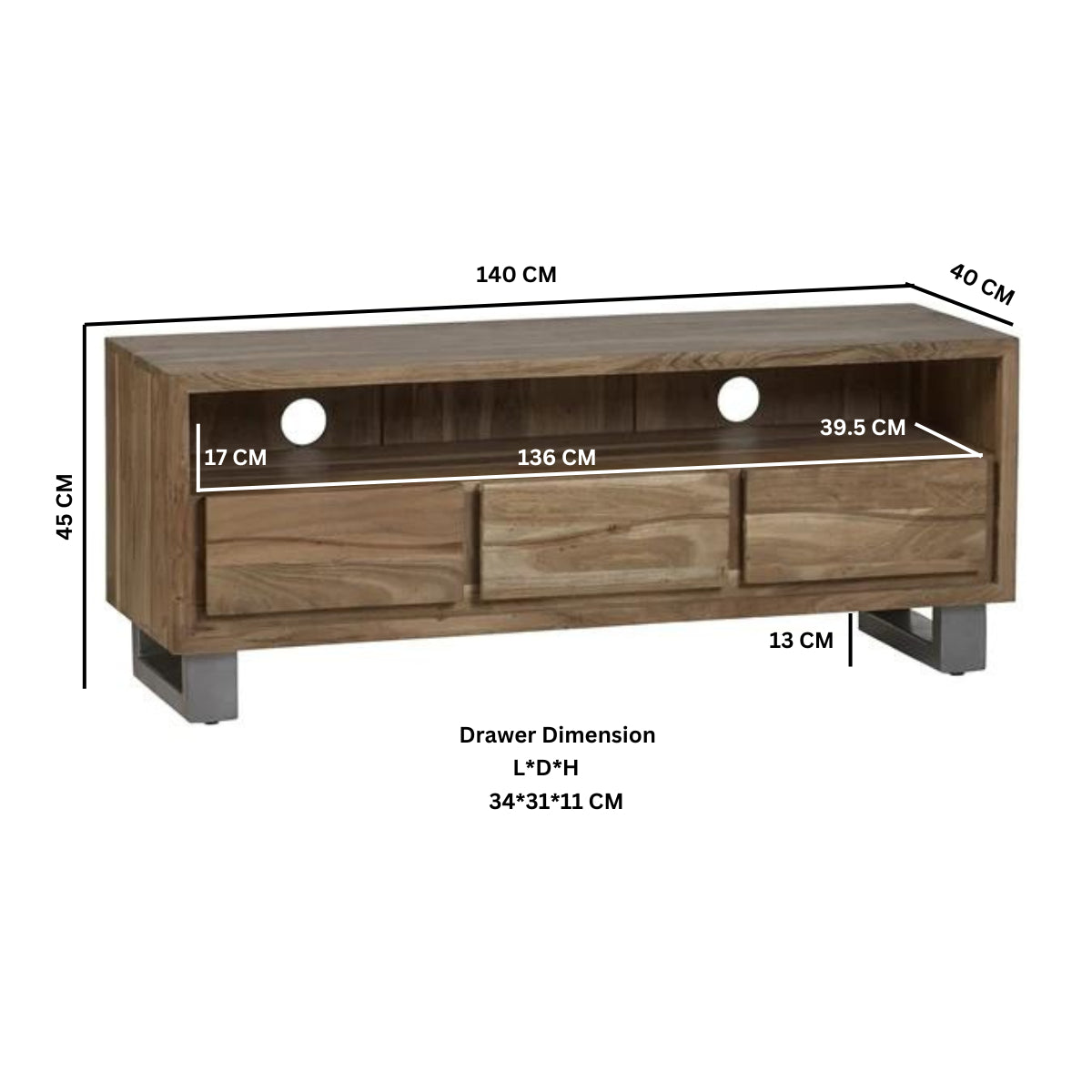 Solid Acacia Wood TV Stand With 3 Drawers - Baltic Live Edge