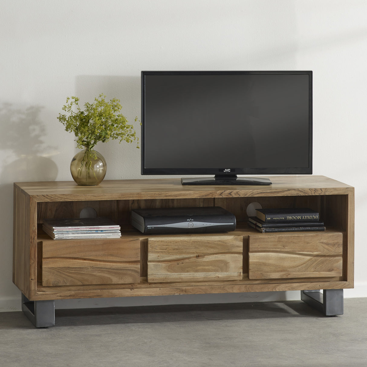 Solid Acacia Wood TV Stand With 3 Drawers - Baltic Live Edge