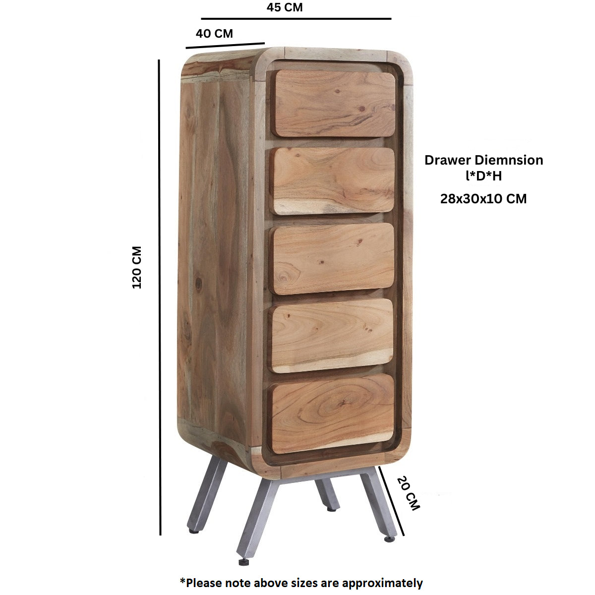 Solid Hardwood Chest Of 5 Drawers Narrow - Aspen