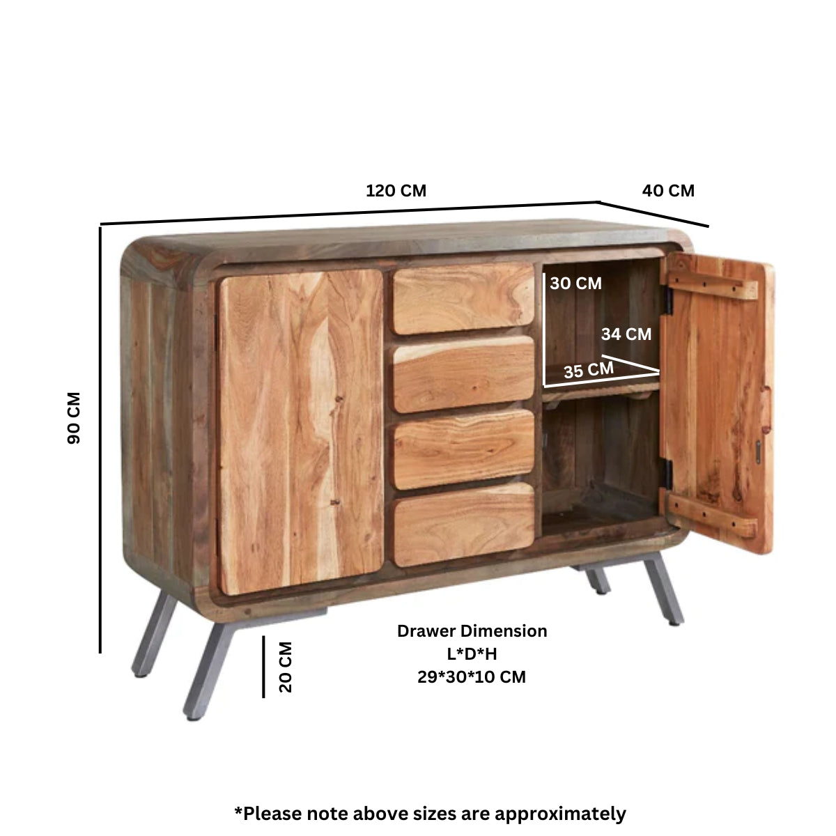 Solid Hardwood Sideboard With 2 Doors And 4 Drawers - Aspen