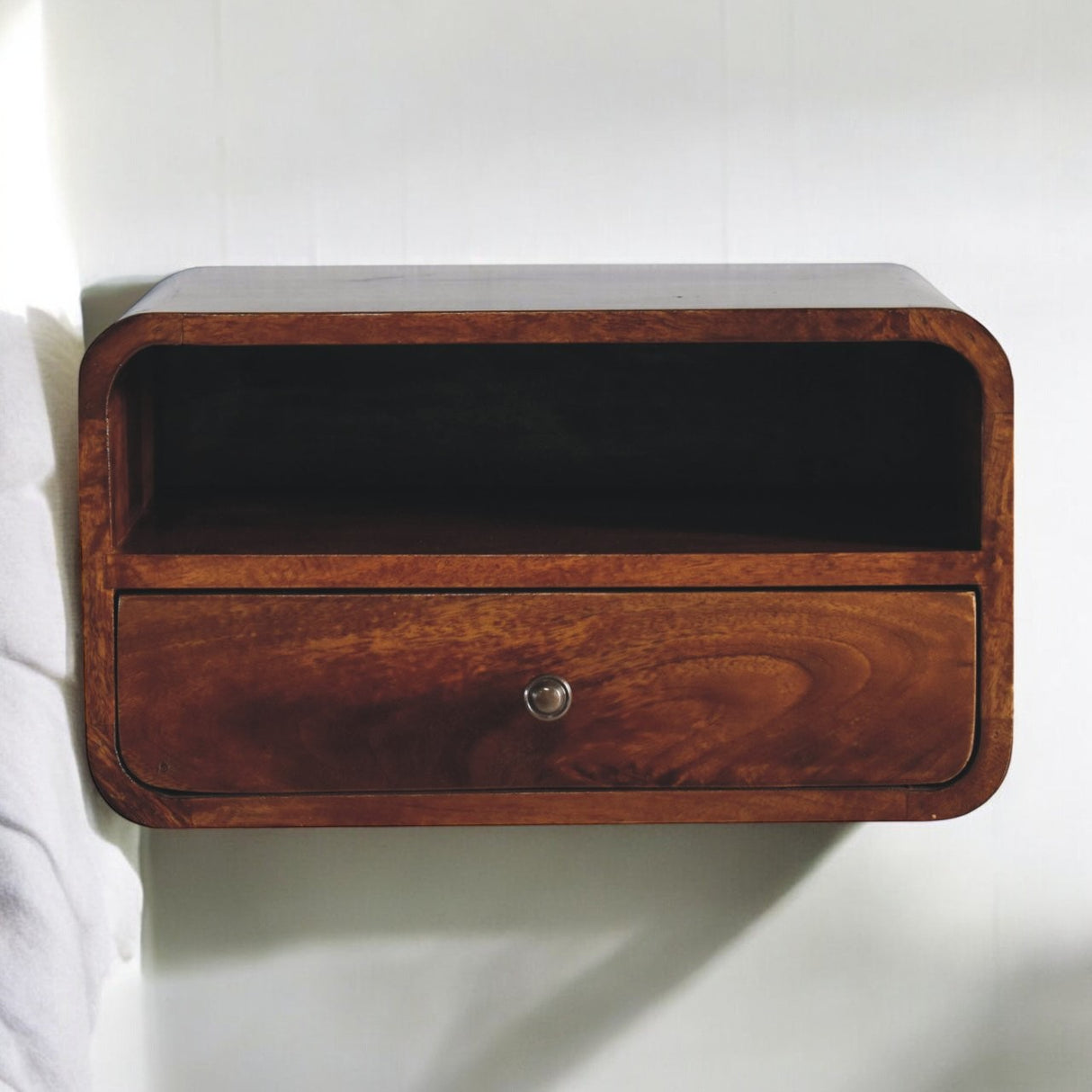Solid Mango Wood Bedside Cabinet Curve Upper Slot Floating - Lincoln