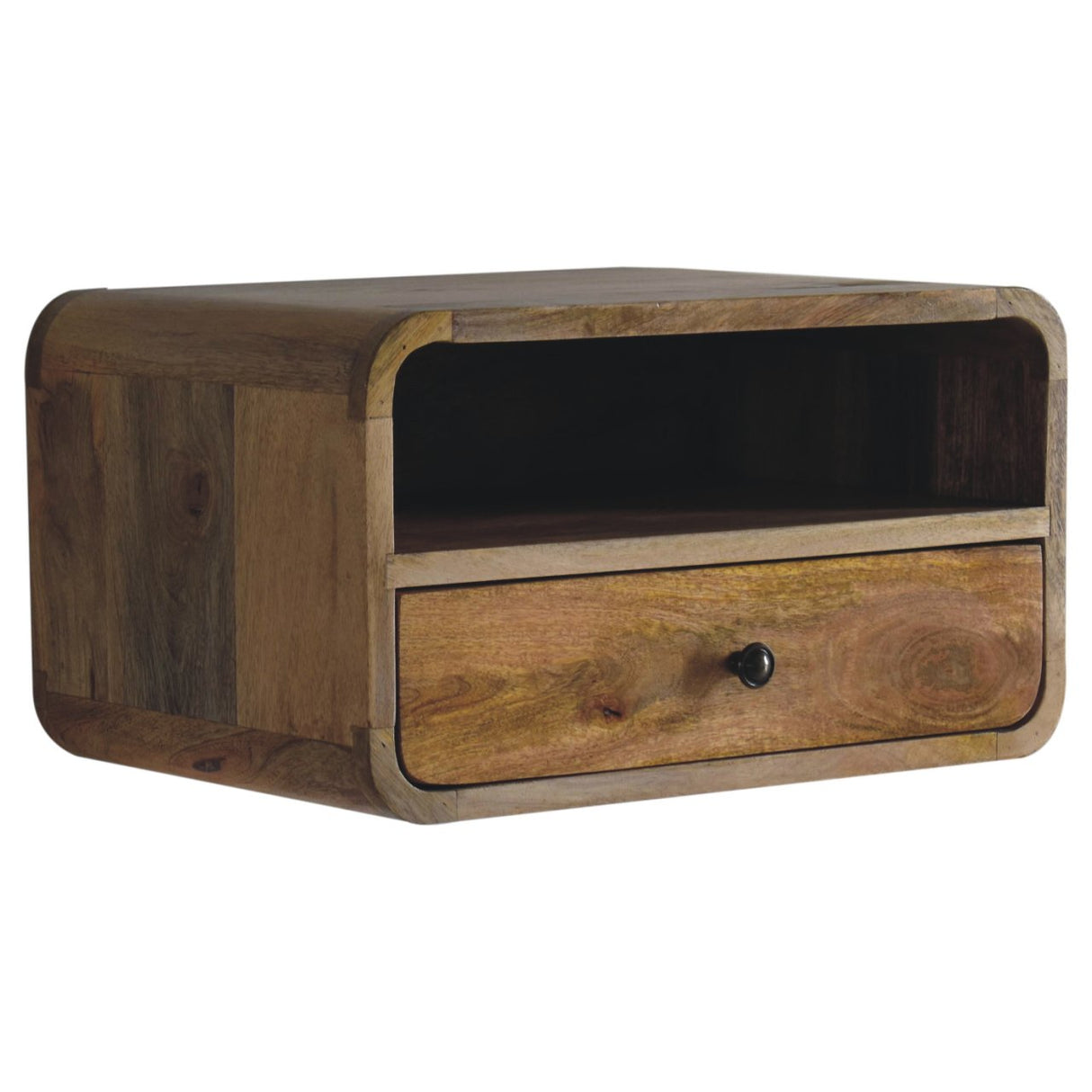 Solid Mango Wood Bedside Cabinet Curve Upper Slot Floating - Lincoln