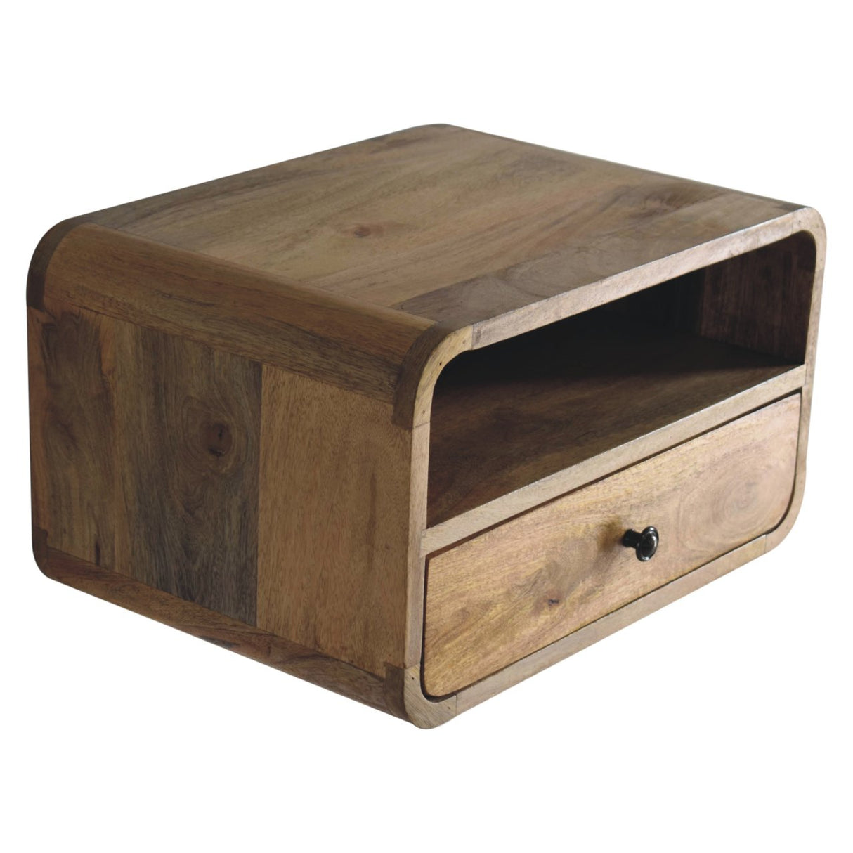 Solid Mango Wood Bedside Cabinet Curve Upper Slot Floating - Lincoln