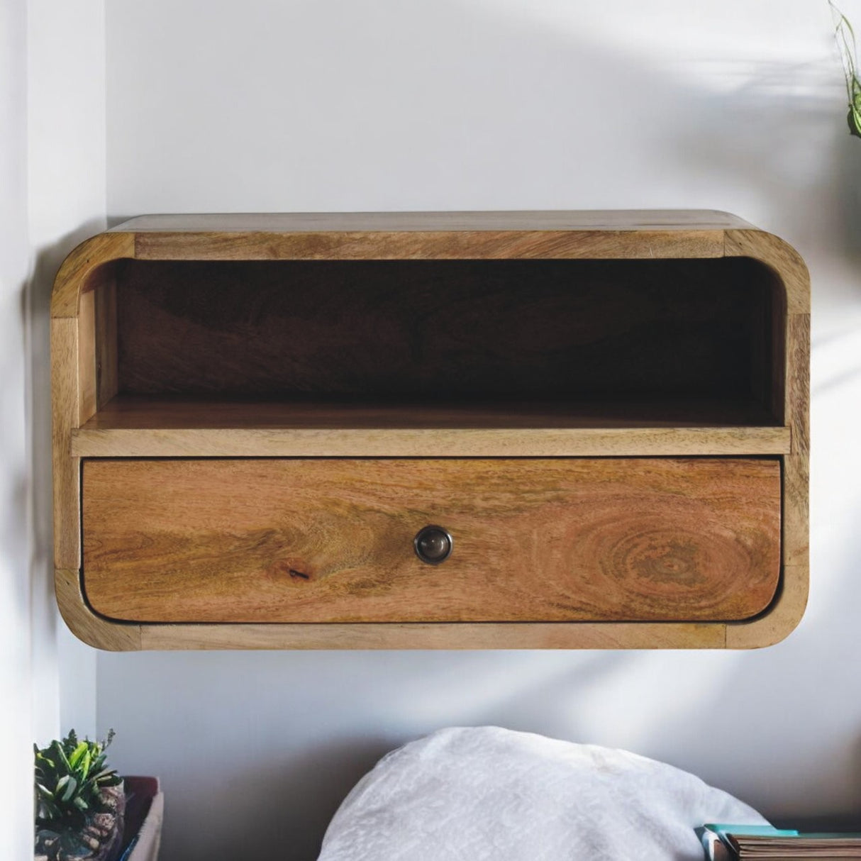 Solid Mango Wood Bedside Cabinet Curve Upper Slot Floating - Lincoln