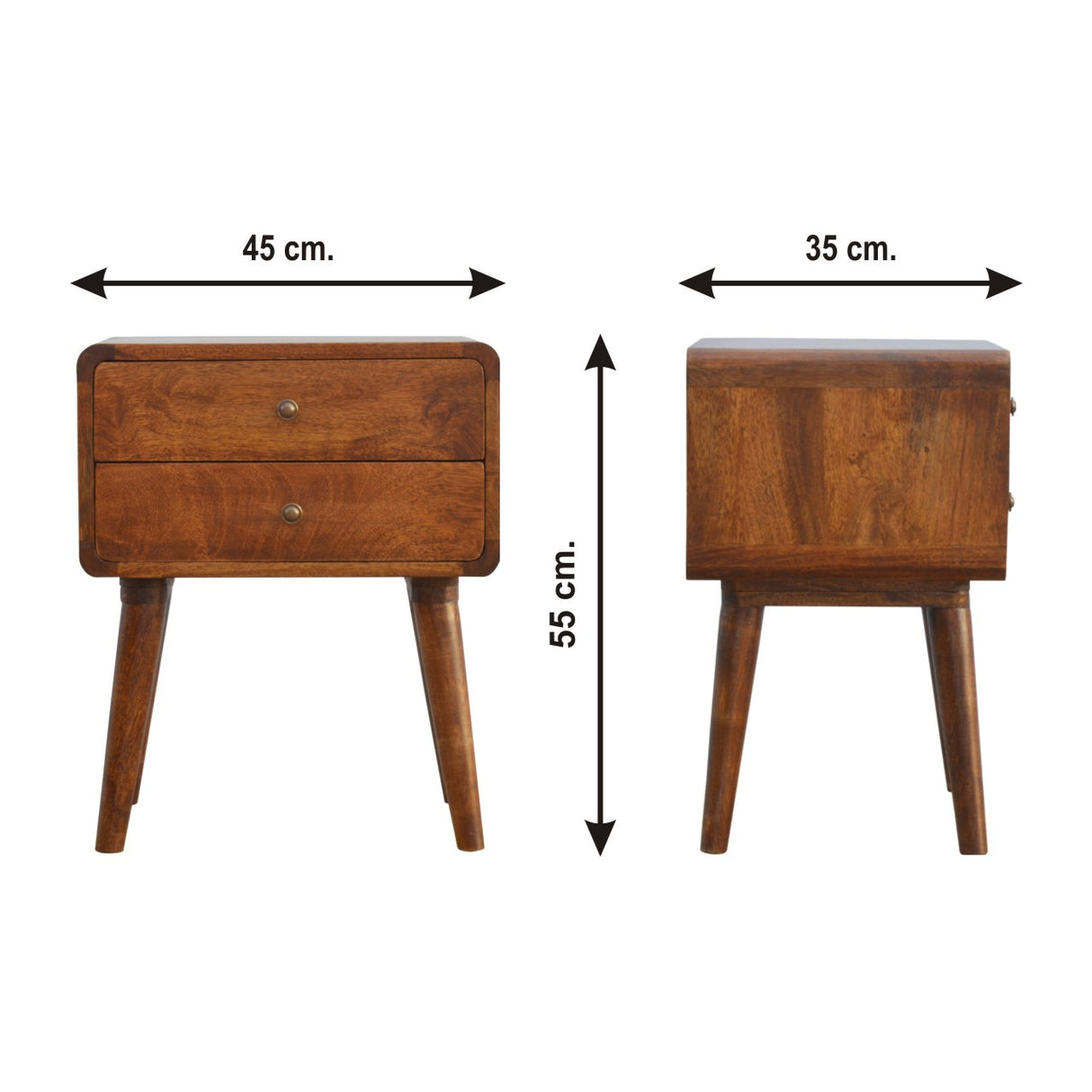 Solid Mango Wood Bedside Cabinet Curved With 2 Drawers - Gloucester