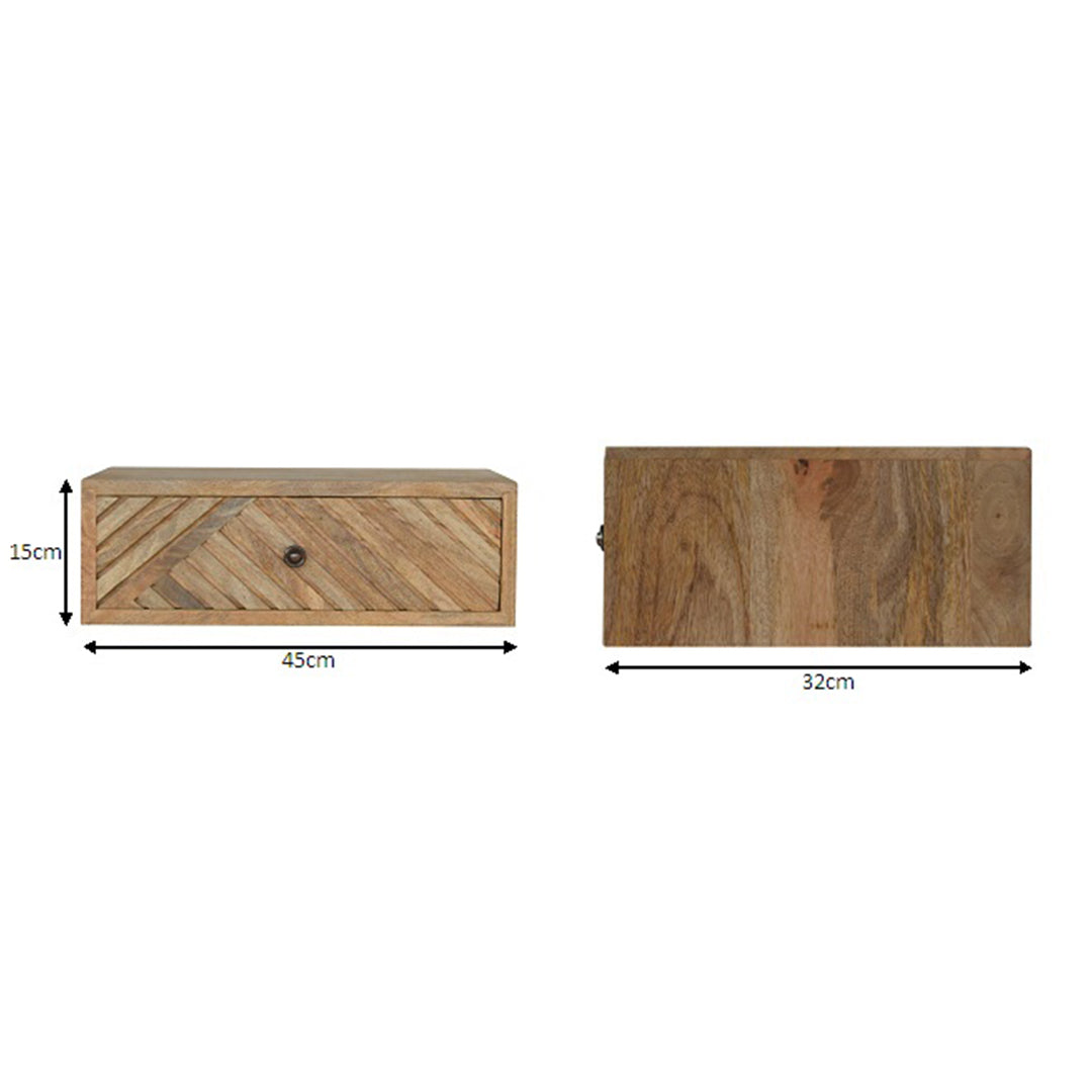 Solid Mango Wood Bedside Cabinet Floating With Carved Lines - Hereford