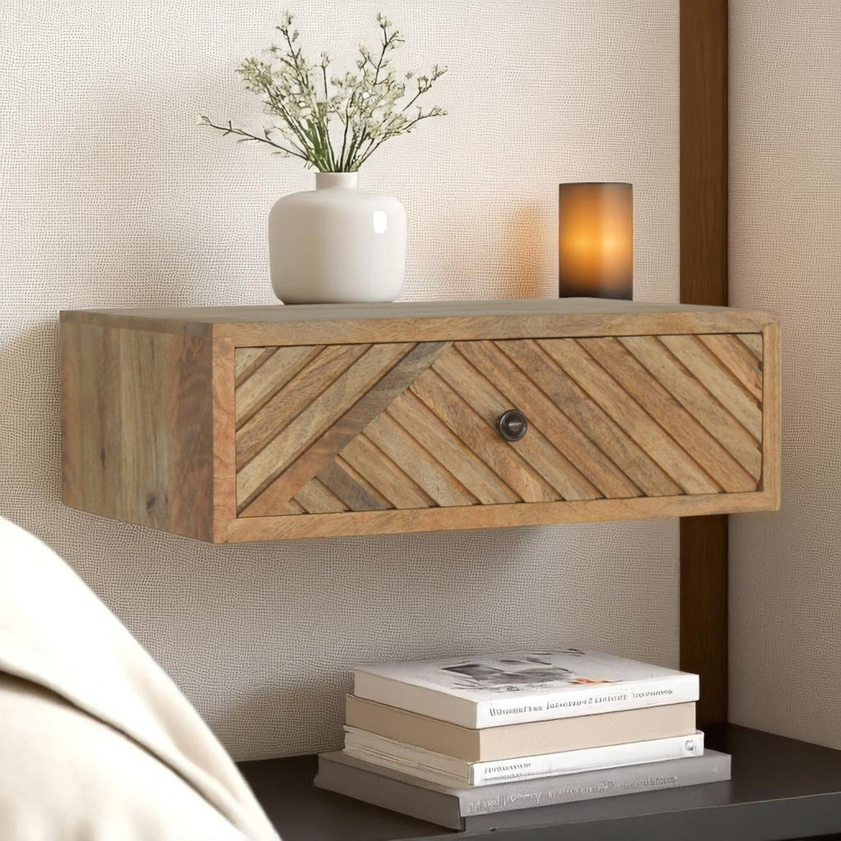 Solid Mango Wood Bedside Cabinet Floating With Carved Lines - Hereford