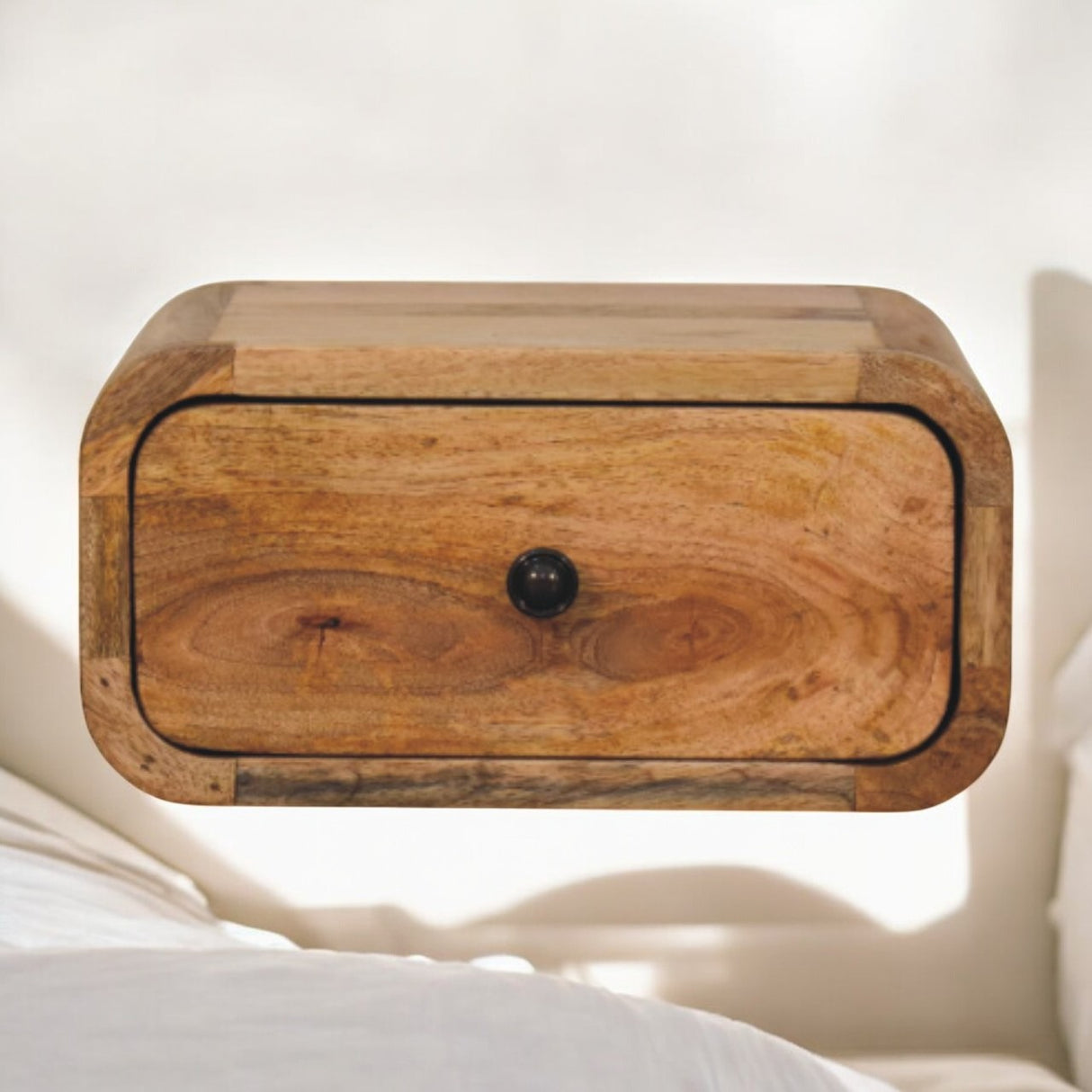 Solid Mango Wood Bedside Cabinet Mini Wall Mounted With 1 Drawer - Avora