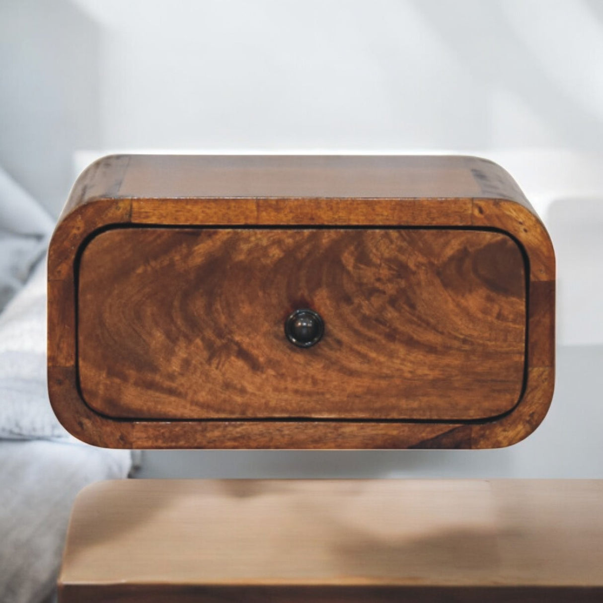 Solid Mango Wood Bedside Cabinet Mini Wall Mounted With 1 Drawer - Avora