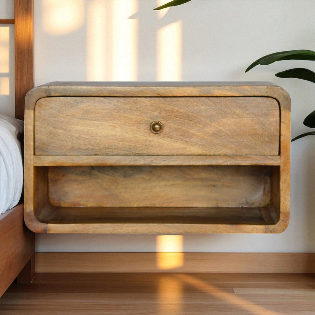 Solid Mango Wood Bedside Cabinet Open Floating With 2 Drawers - Hereford