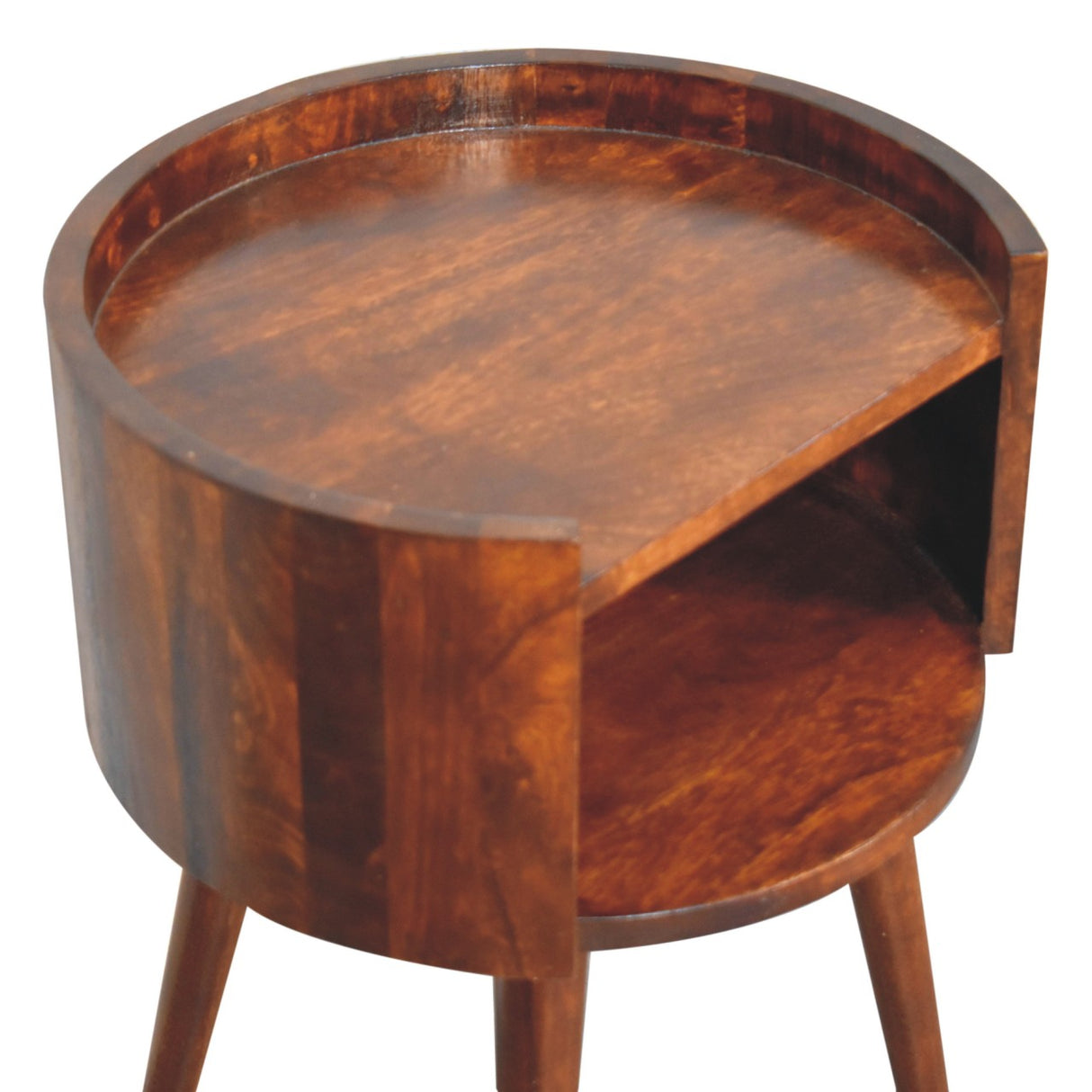 Solid Mango Wood Bedside Cabinet Round With Open Slot - Birmingham