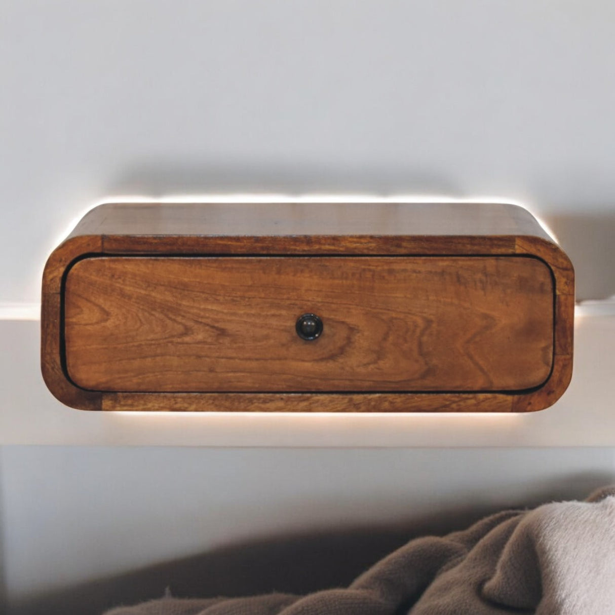 Solid Mango Wood Bedside Cabinet Wall Mounted With 1 Drawer - Avora