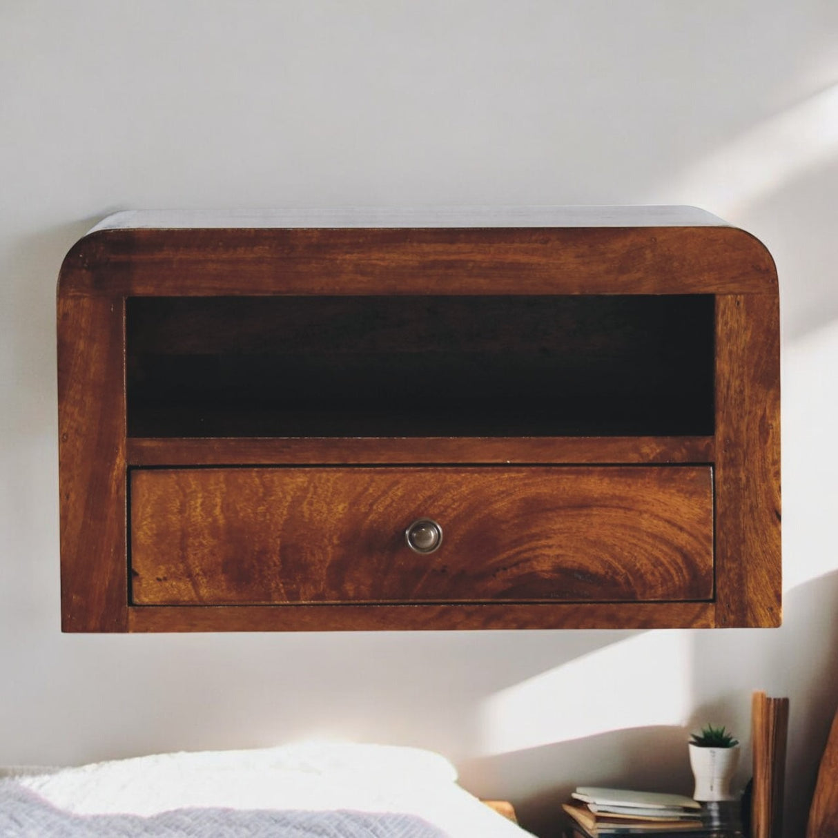 Solid Mango Wood Bedside Cabinet Wall Mounted With 1 Drawer - Birmingham