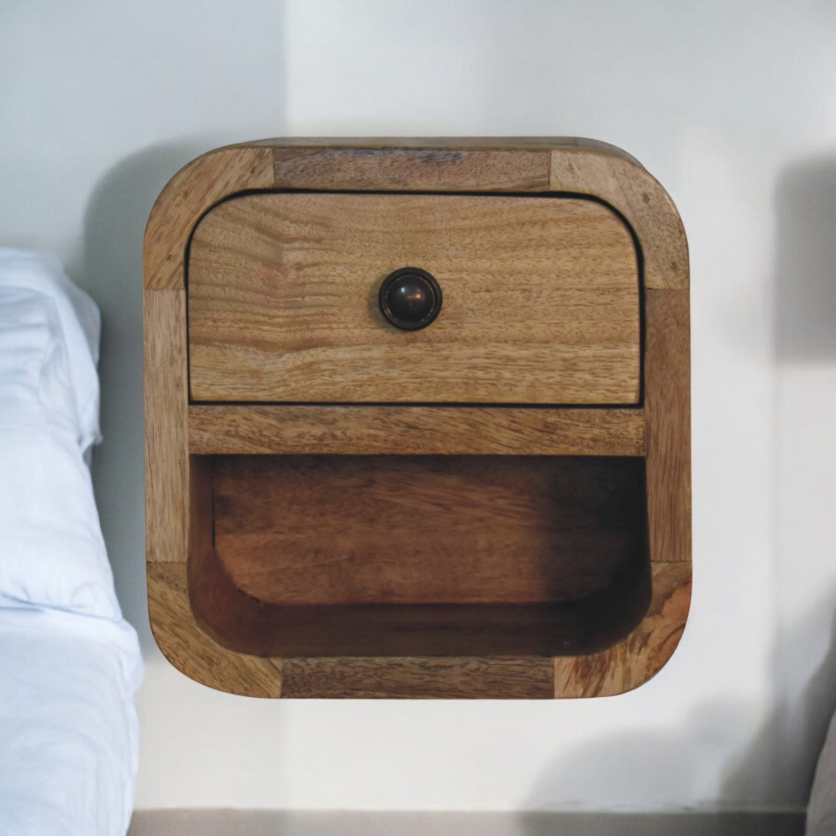 Solid Mango Wood Bedside Cabinet Wall Mounted With 1 Drawer - Exeter