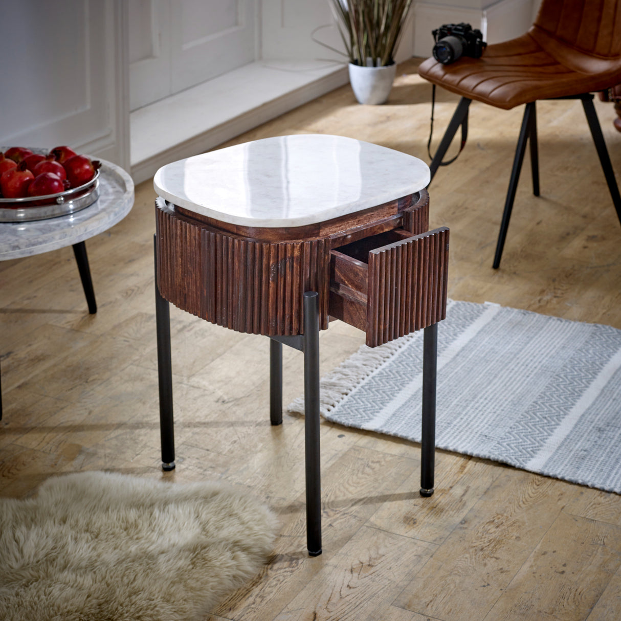 Solid Mango Wood Bedside Cabinet With White Marble Top - Opal