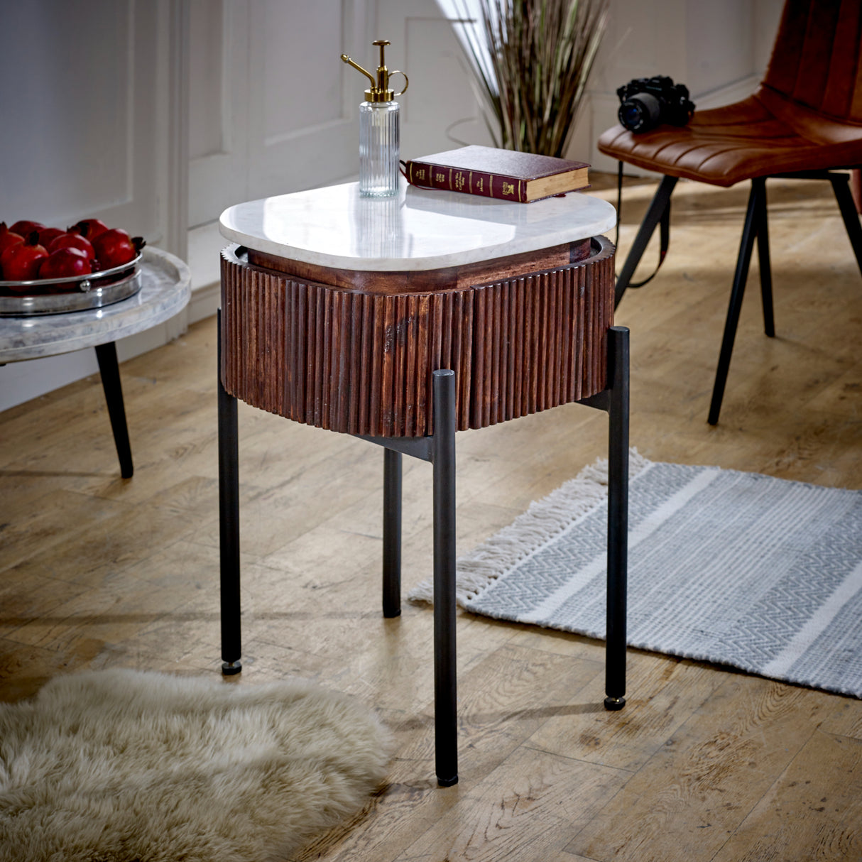 Solid Mango Wood Bedside Cabinet With White Marble Top - Opal