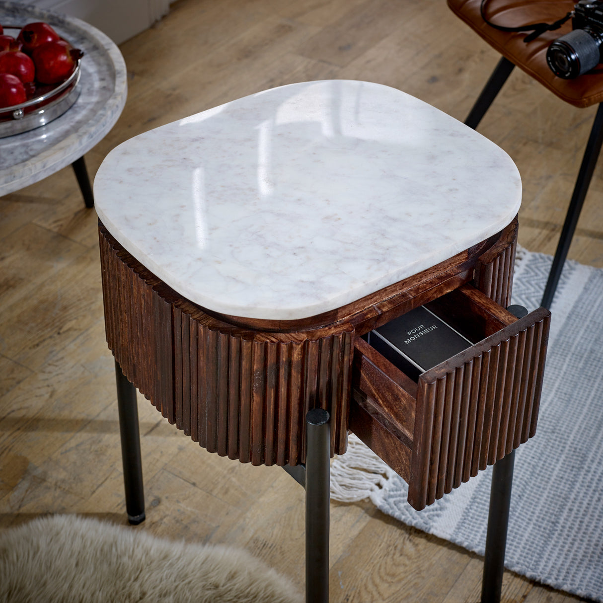 Solid Mango Wood Bedside Cabinet With White Marble Top - Opal