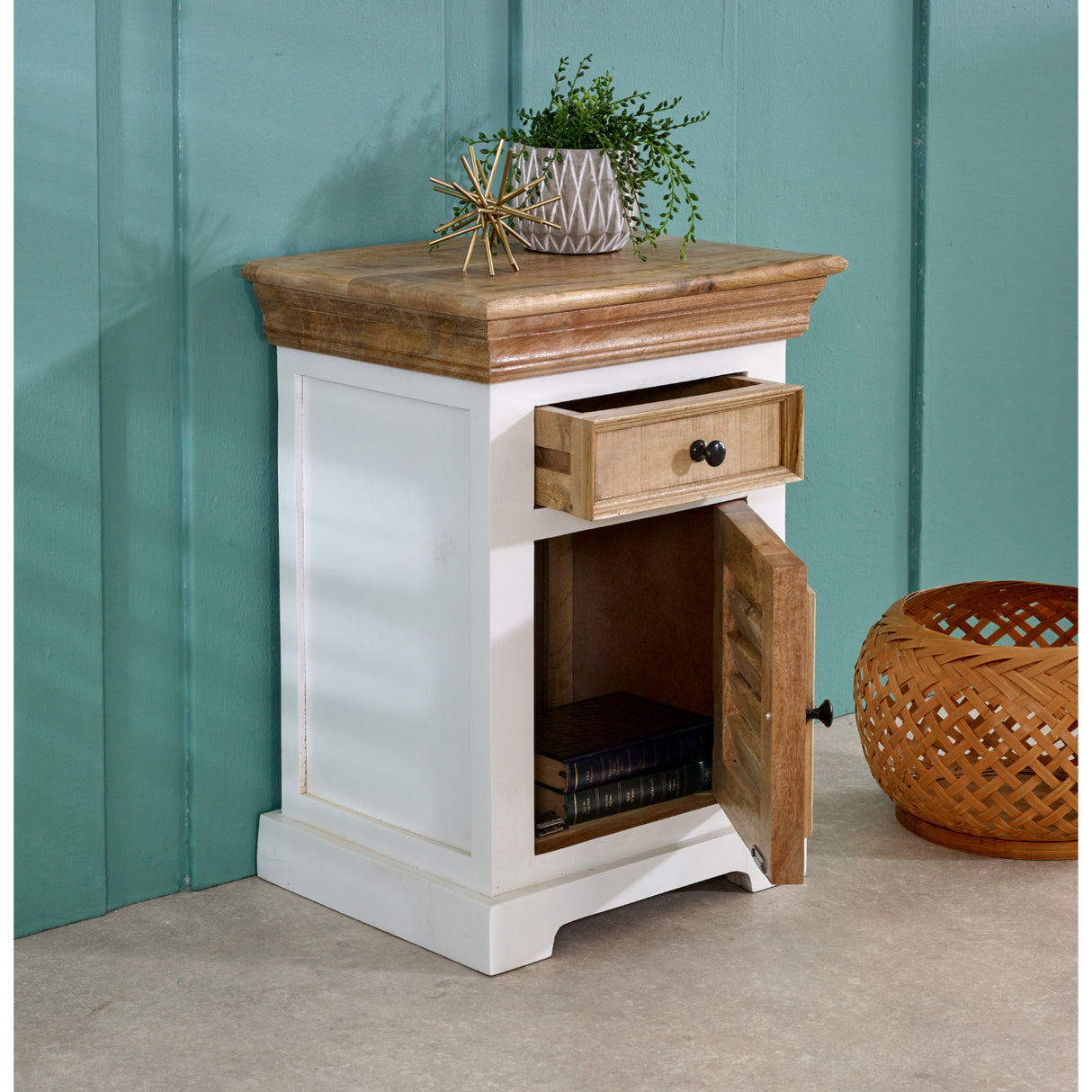 Solid Mango Wood Bedside Cabinet With 1 Door And 1 Drawer - Alfie