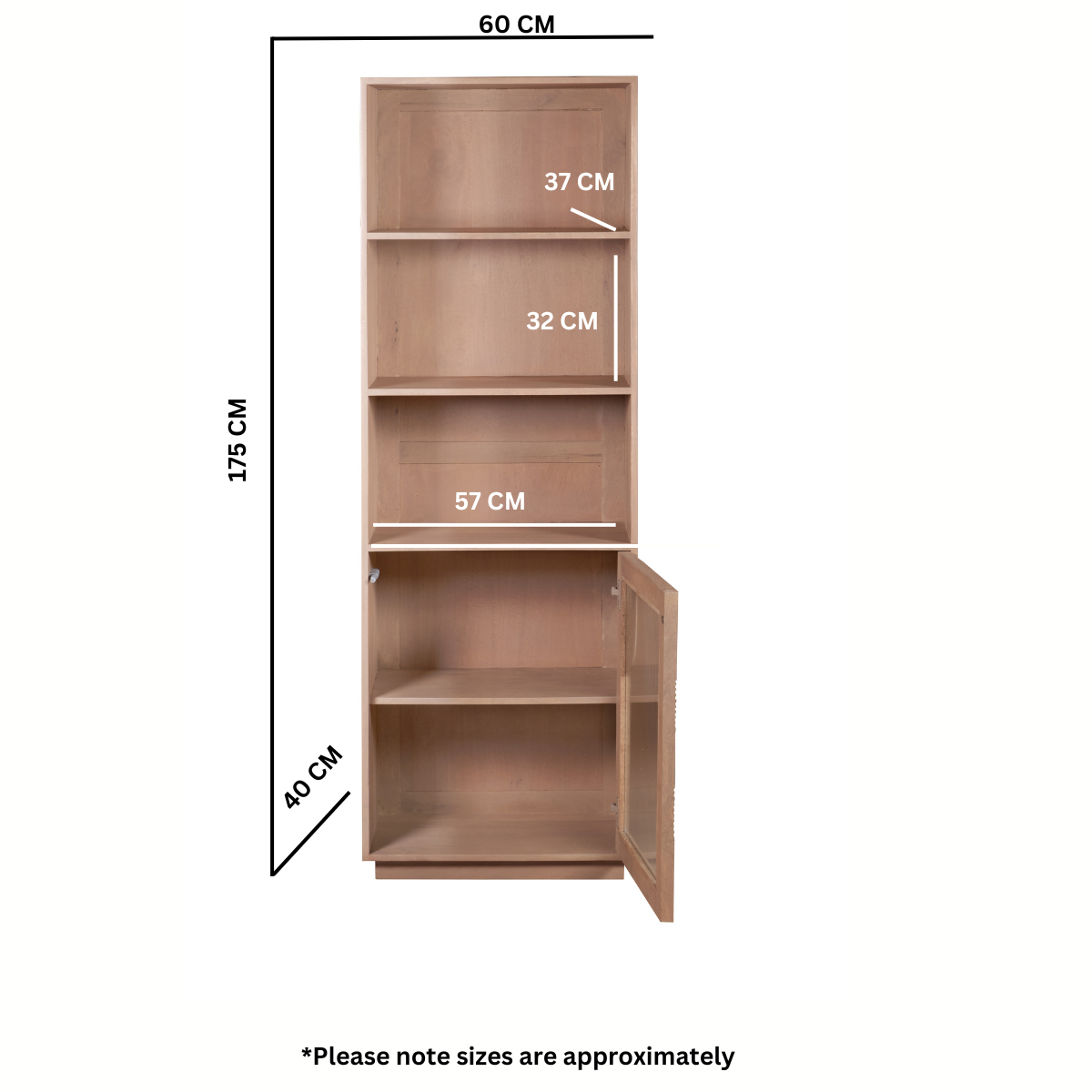 Solid Mango Wood Bookcase With 1 Fluted Glass Door - Indus