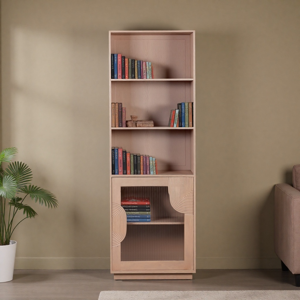 Solid Mango Wood Bookcase With 1 Fluted Glass Door - Indus