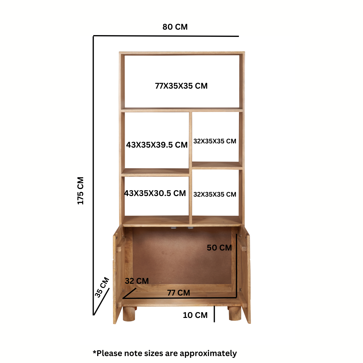 Solid Mango Wood Bookcase With 2 Doors - Austin
