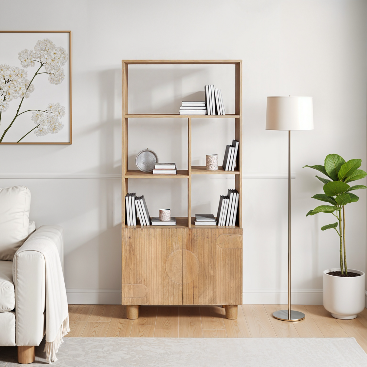 Solid Mango Wood Bookcase With 2 Doors - Austin