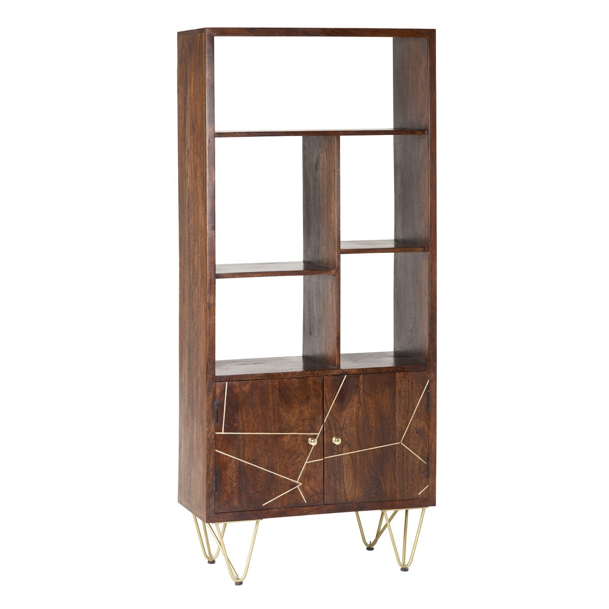 Solid Mango Wood Bookcase With 2 Doors And 5 Shelves - Dark Gold