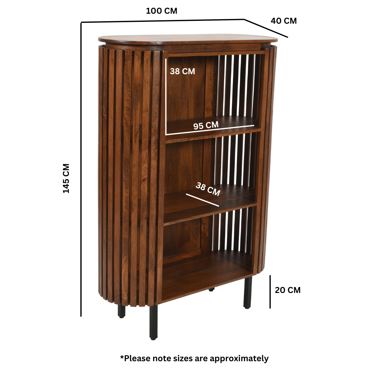Solid Mango Wood Bookcase With 3 Shelves - Inverley Designs
